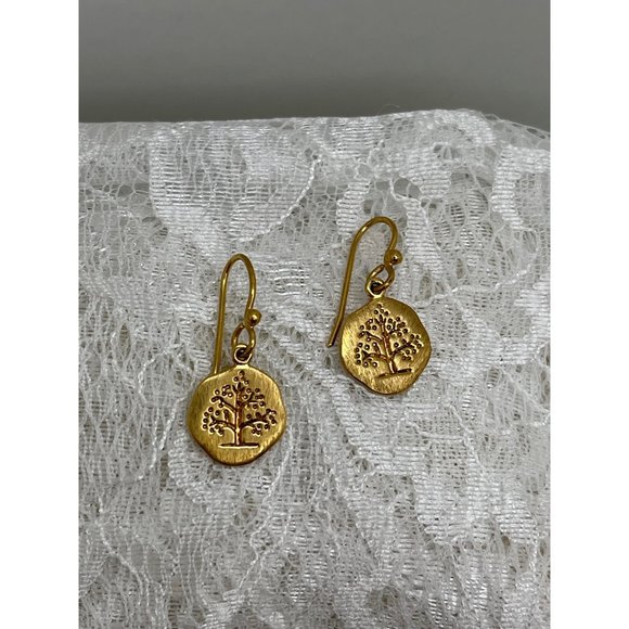 Fashion Jewelry Jewelry - Gold Tone Tree Engraved Round Dangle Earrings